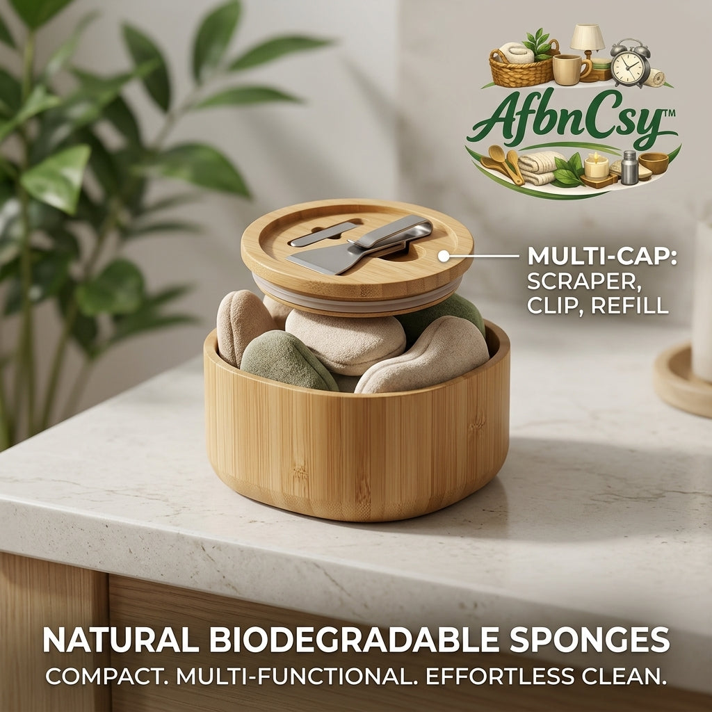 AfbnCsy™ Bamboo Dish Sponge Holder Set – Eco-Friendly Biodegradable Sponges with Multi-Functional Scraper Lid, Aesthetic Kitchen Sink Organizer, Natural & Reusable Stone-Shaped Sponges for Effortless Cleaning
