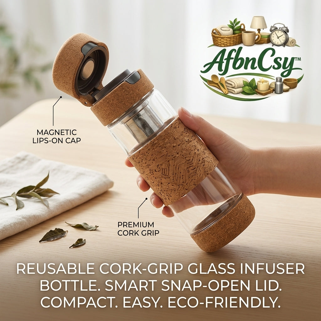 AfbnCsy™ Reusable Glass Infuser Bottle with Cork Grip – Magnetic Snap-Open Lid, Sustainable Travel Tea & Fruit Water Bottle for Office, Gym & On-the-Go Hydration