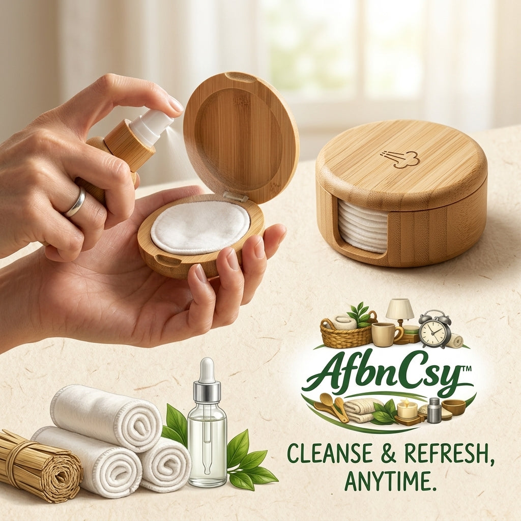 AfbnCsy™ Bamboo Skincare Organizer Set – Eco-Friendly Cotton Pad Dispenser with Reusable Rounds, Travel Mist Spray & Serum Dropper – The Ultimate Zero-Waste Natural Beauty Ritual Kit