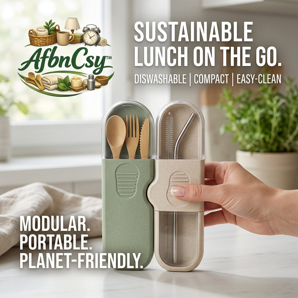 AfbnCsy™ Modular Portable Cutlery Set – Reusable Bamboo Utensils & Stainless Steel Straw Kit with Cleaning Brush, Compact Travel Flatware for Office, School, Camping, and Lunch on the Go