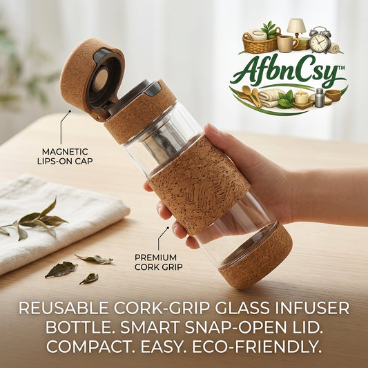 AfbnCsy™ Reusable Glass Infuser Bottle with Cork Grip – Magnetic Snap-Open Lid, Sustainable Travel Tea & Fruit Water Bottle for Office, Gym & On-the-Go Hydration