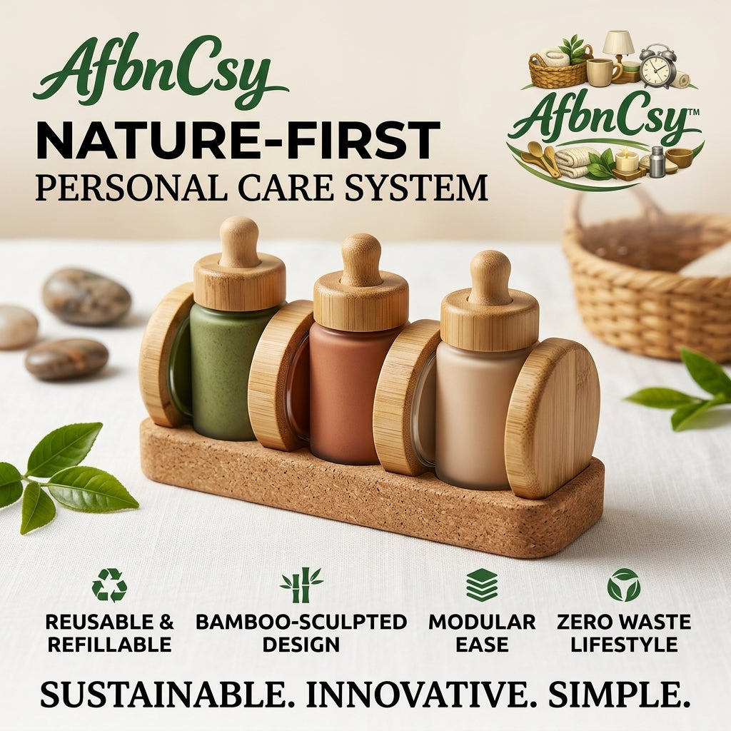 AfbnCsy Nature-First Sustainable Skincare System: Premium Bamboo & Glass Refillable Bottle Set with Eco-Friendly Cork Tray | Zero-Waste Beauty Organizer for Serums, Oils & Lotions