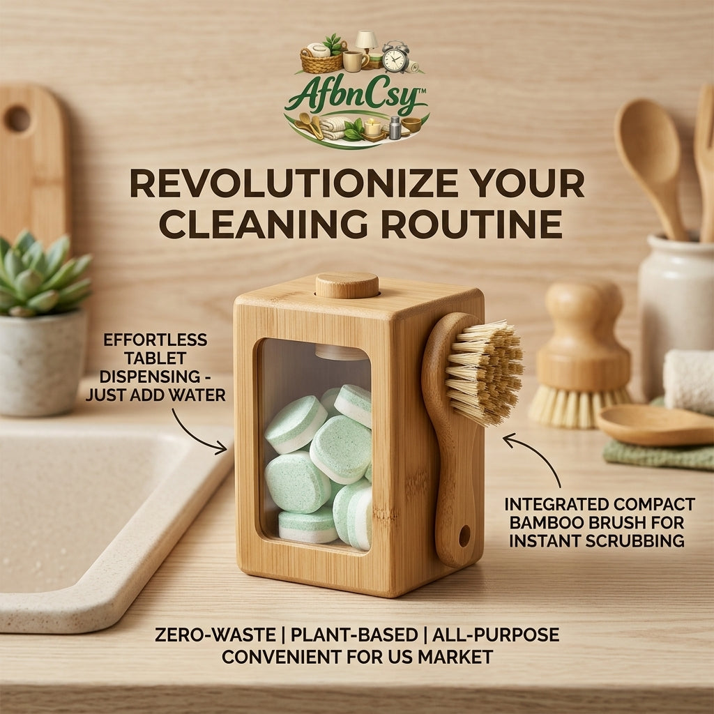 AfbnCsy™ Bamboo Cleaning Tablet Dispenser & Scrub Brush Set | Sustainable All-Purpose Cleaning Solution | Zero-Waste Kitchen Countertop Organizer for Eco-Friendly Living