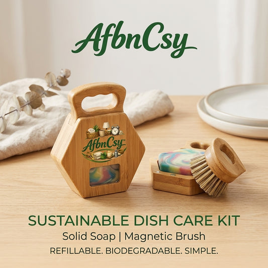 AfbnCsy™ Zero Waste Dish Care Kit – Premium Bamboo Dish Soap Holder & Magnetic Scrubber Brush Set – Eco-Friendly, Plastic-Free Kitchen Cleaning Solution
